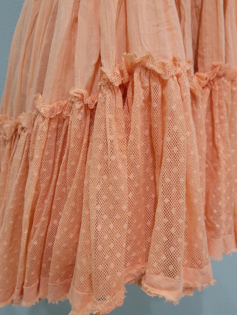 Free People Peach Tiered Cotton Gauze Mini Dress Self-Tie, Adj Waist - Picture 5 of 8